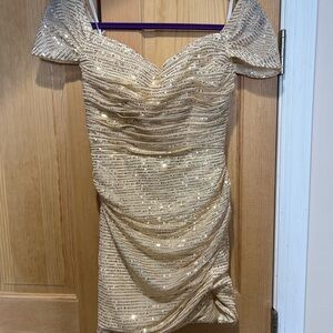 Elegant Gold Sequin Off-Shoulder Dress